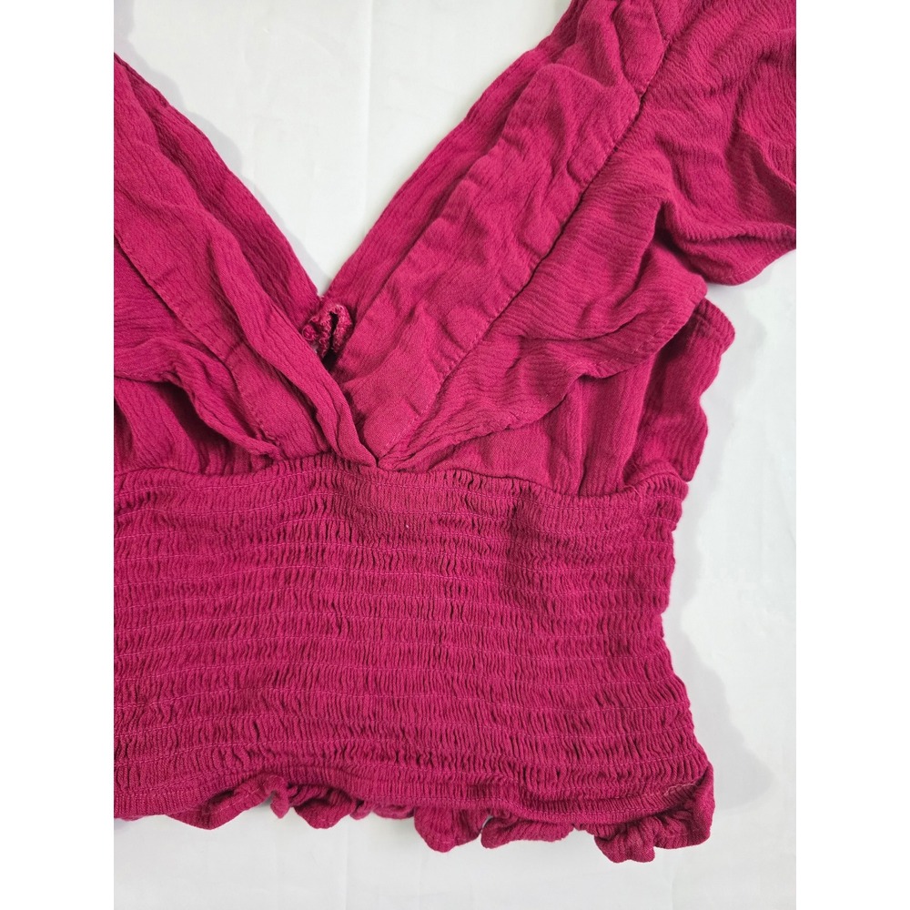 Stradivarius Smocked Crop Top Pink Embroidered Ruffle V-Neck Boho Sleeveless S - Picture 12 of 16
